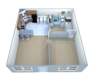 A 3D image of a small apartment with a kitchen, living room, and bathroom.